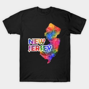 Colorful mandala art map of New Jersey with text in multicolor pattern T-Shirt